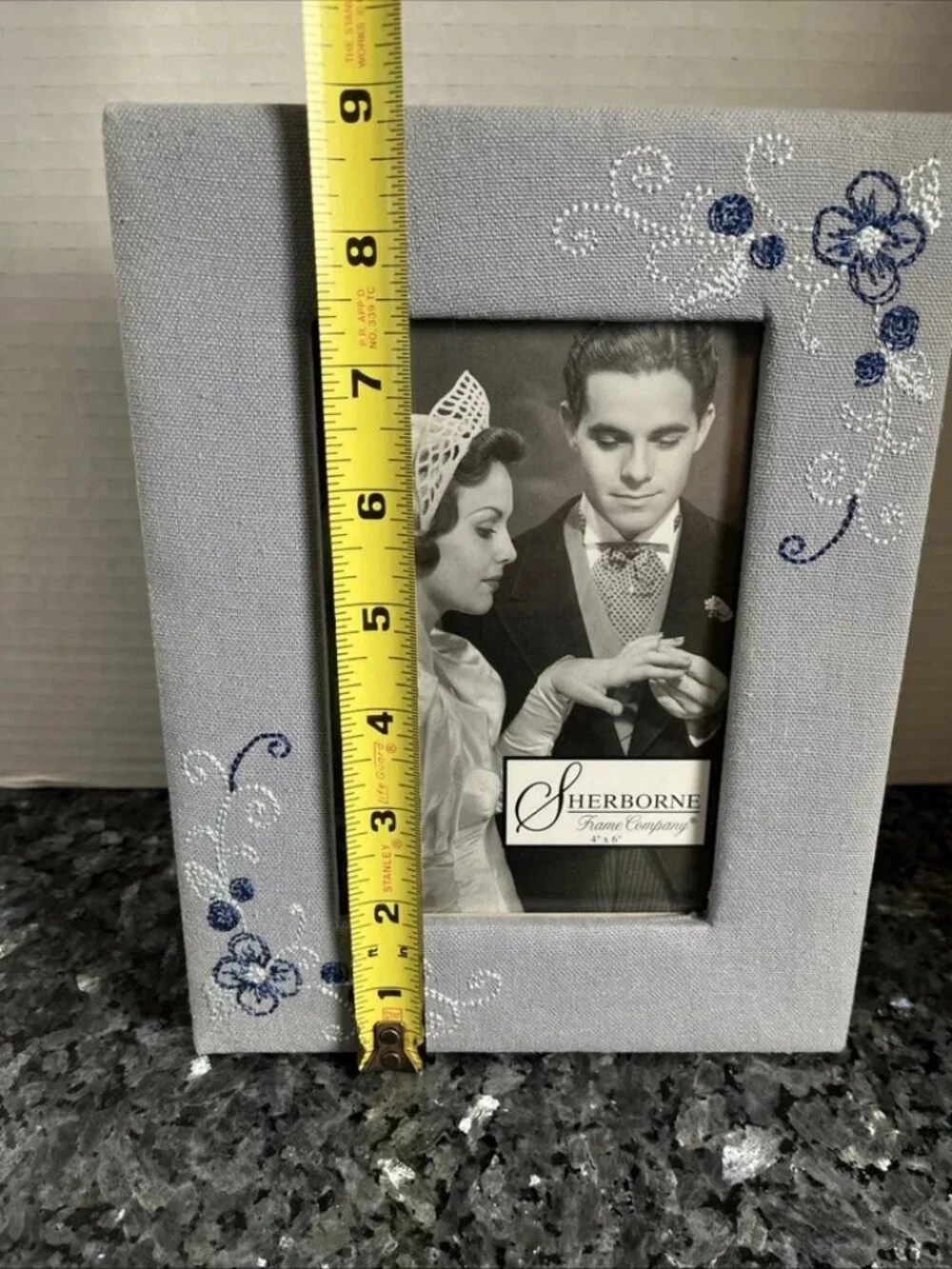 Sherborne Embroidered Floral Picture Frame Blue Gray Fabric 4x6